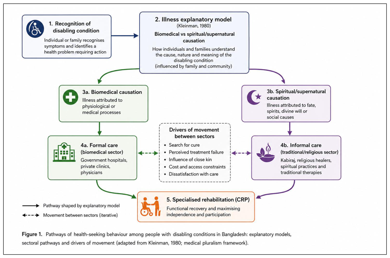 Figure 1. Pathways of health-seeking behaviour among people with disabling conditions in Bangladesh: explanatory models, sectoral pathways and drivers of movement (adapted from Kleinman, 1980; medical pluralism framework).